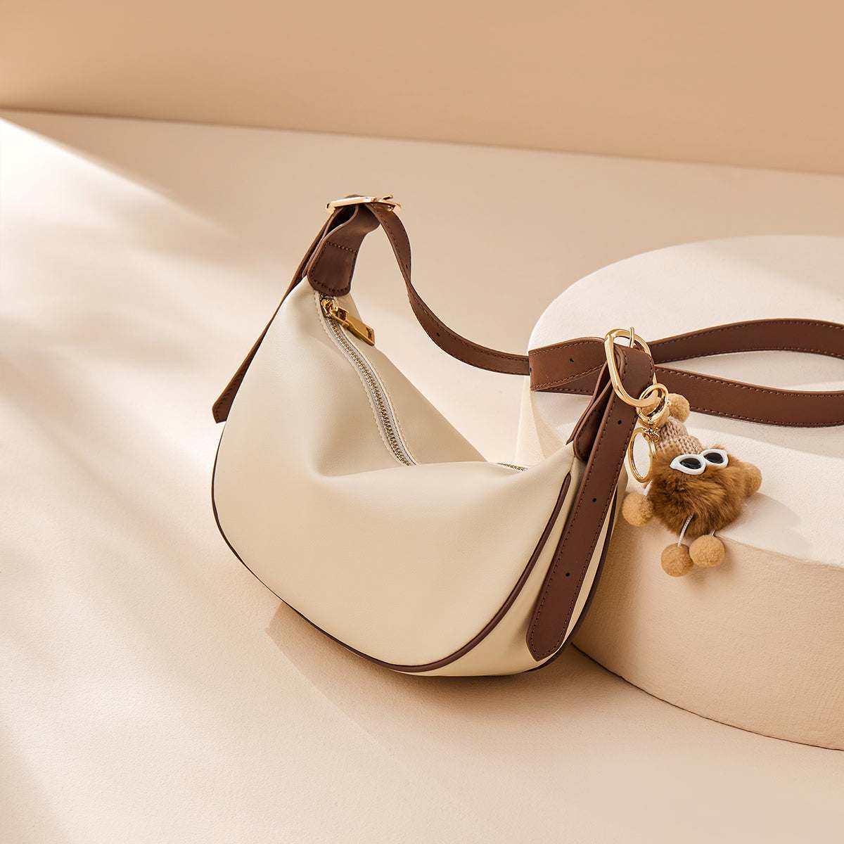 Crescent Leather Crossbody Shoulder Bag with Bear Charm