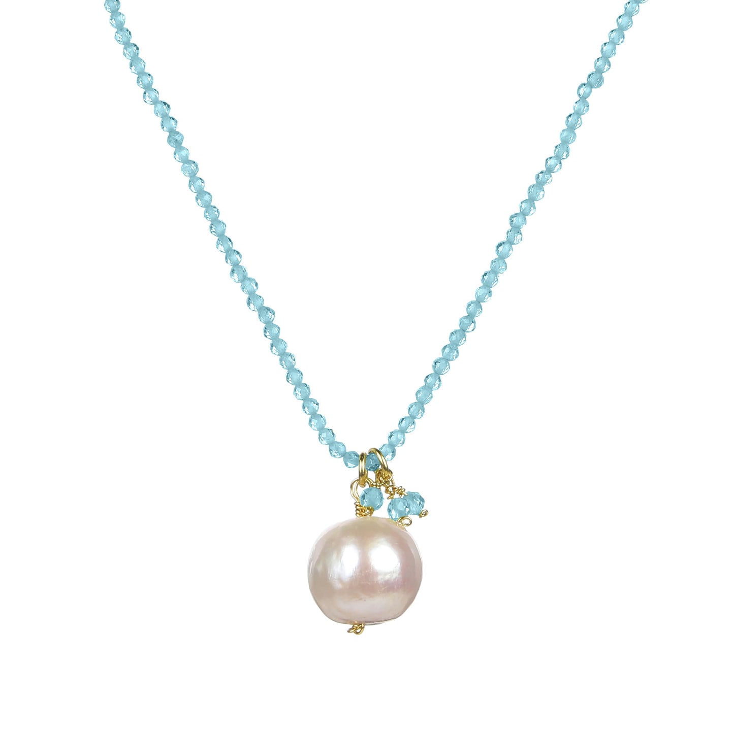 12MM Freshwater Pearl and Natural Aquamarine Necklace 18K Plated Sterling Silver