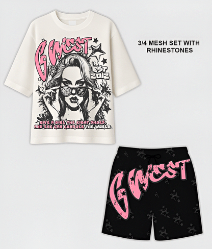 G West Rhinstone My Girl 3/4 Sleeves Mesh Short Set