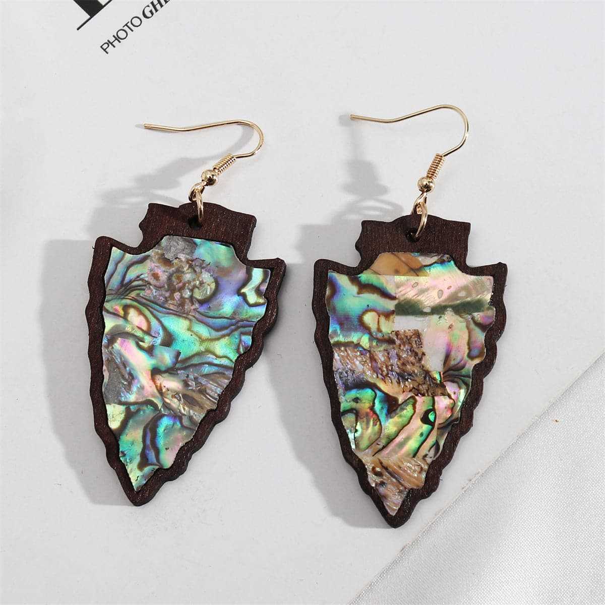 Abalone Shell & Wood Arrowhead Drop Earrings