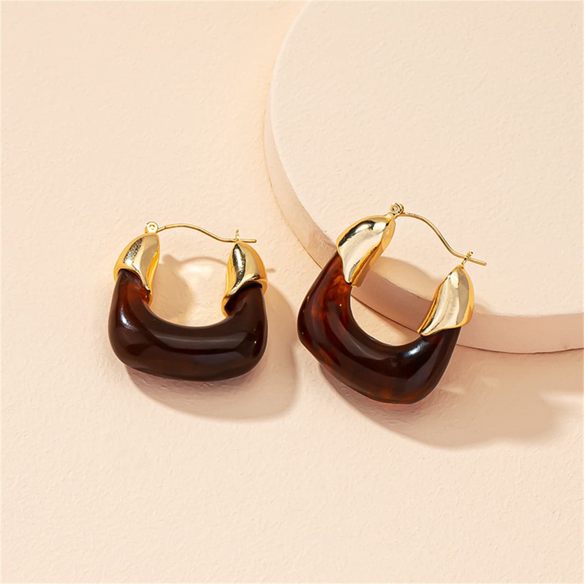 Amber Resin & Goldtone U-Shape Huggie Earring