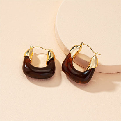 Amber Resin & Goldtone U-Shape Huggie Earring