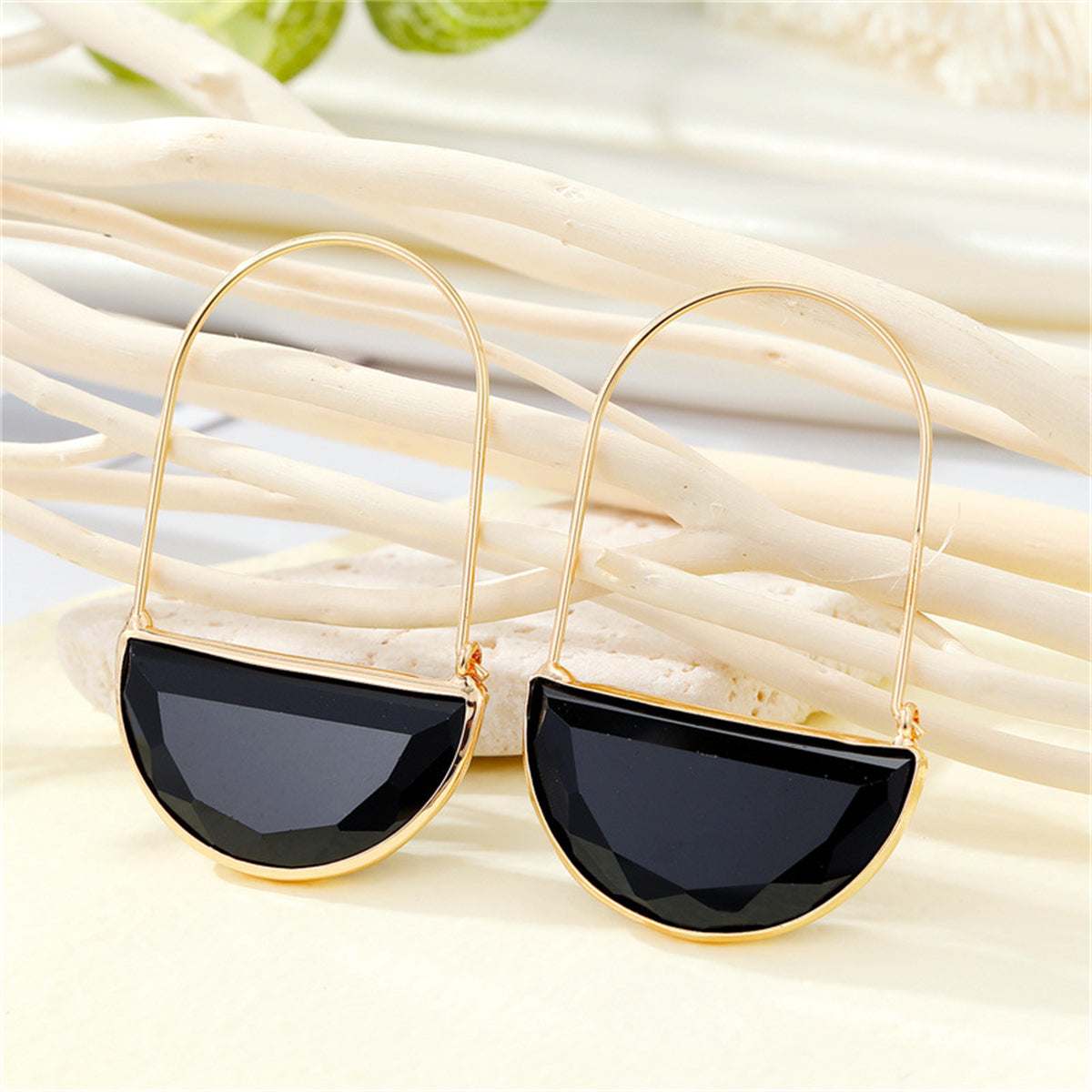 Black Crystal & Goldtone Semi-Circle Huggie Earrings