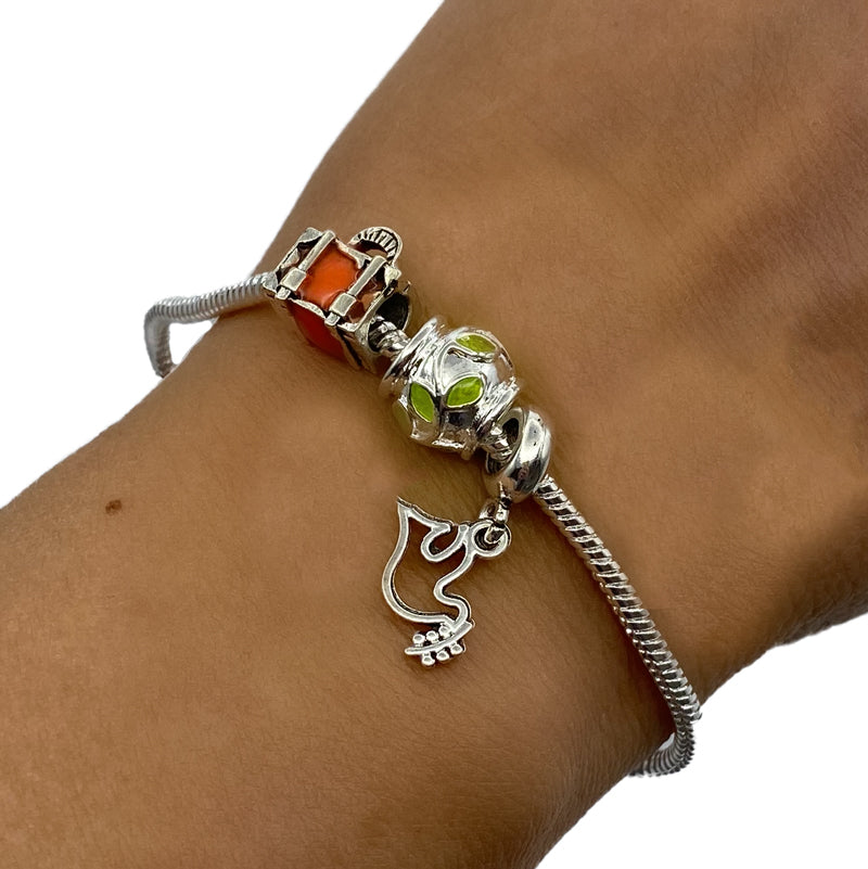 Silver Charm Bracelet - Dove Of Peace, Suitcase & Green Leaves Charm