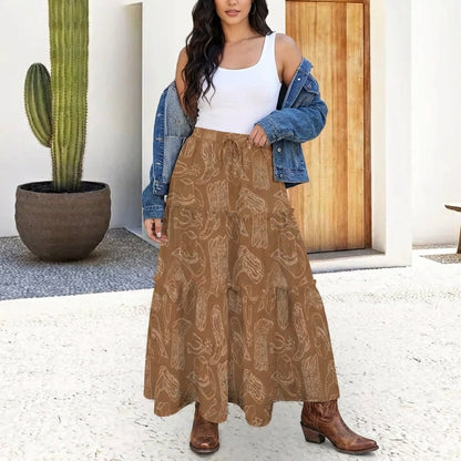 Baha Ranch Western Boot Print Tiered Prairie Maxi Skirt