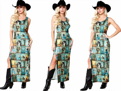 Baha Ranch Turquoise Dreams Sleeveless Bodycon Side Slit Long Dress