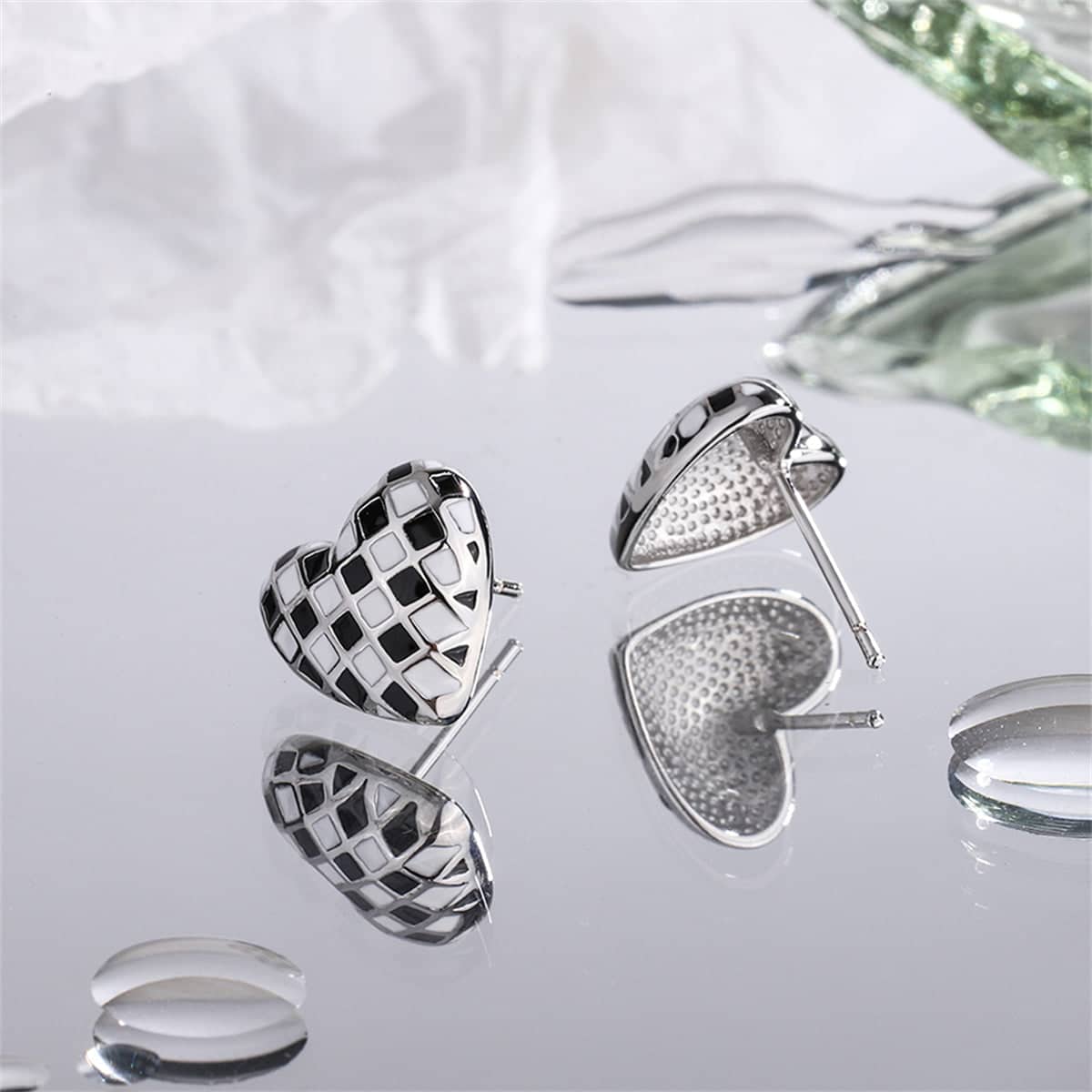 Black & White Checkerboard Heart Stud Earrings