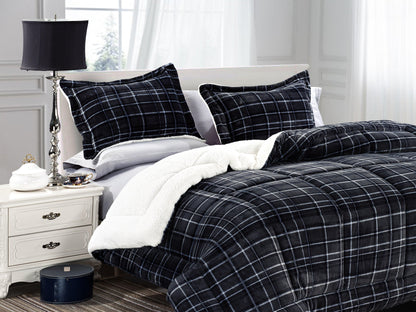 Elegant Comfort 3-Piece Plaid Micro-Suede Reversible Sherpa - Comforter Set
