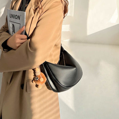 Crescent Leather Crossbody Shoulder Bag with Bear Charm