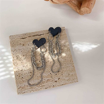 Black Acrylic & Silvertone Heart Chain Tassel Drop Earrings