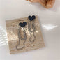 Black Acrylic & Silvertone Heart Chain Tassel Drop Earrings