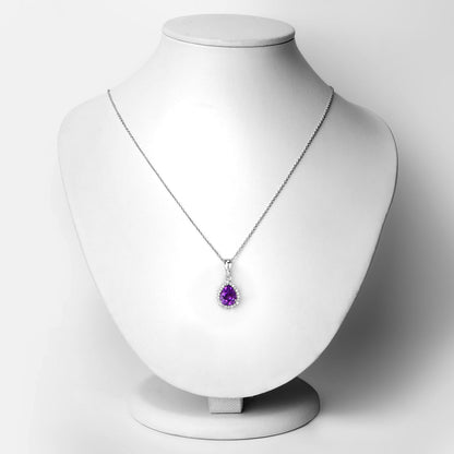 Genuine Amethyst and Lab Grown Diamond Silver Halo Necklace