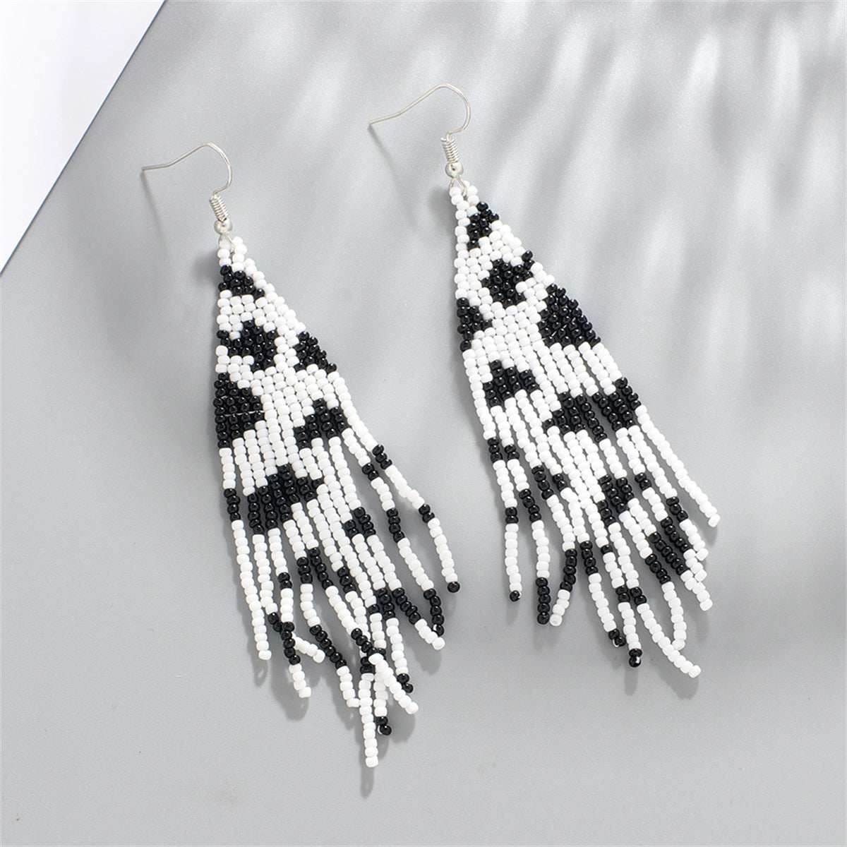 Black & White Howlite & Silvertone Beaded Drop Earrings