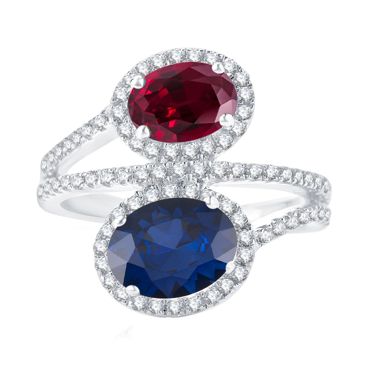 Blue Sapphire and Ruby Sterling Silver Halo Bypass Ring
