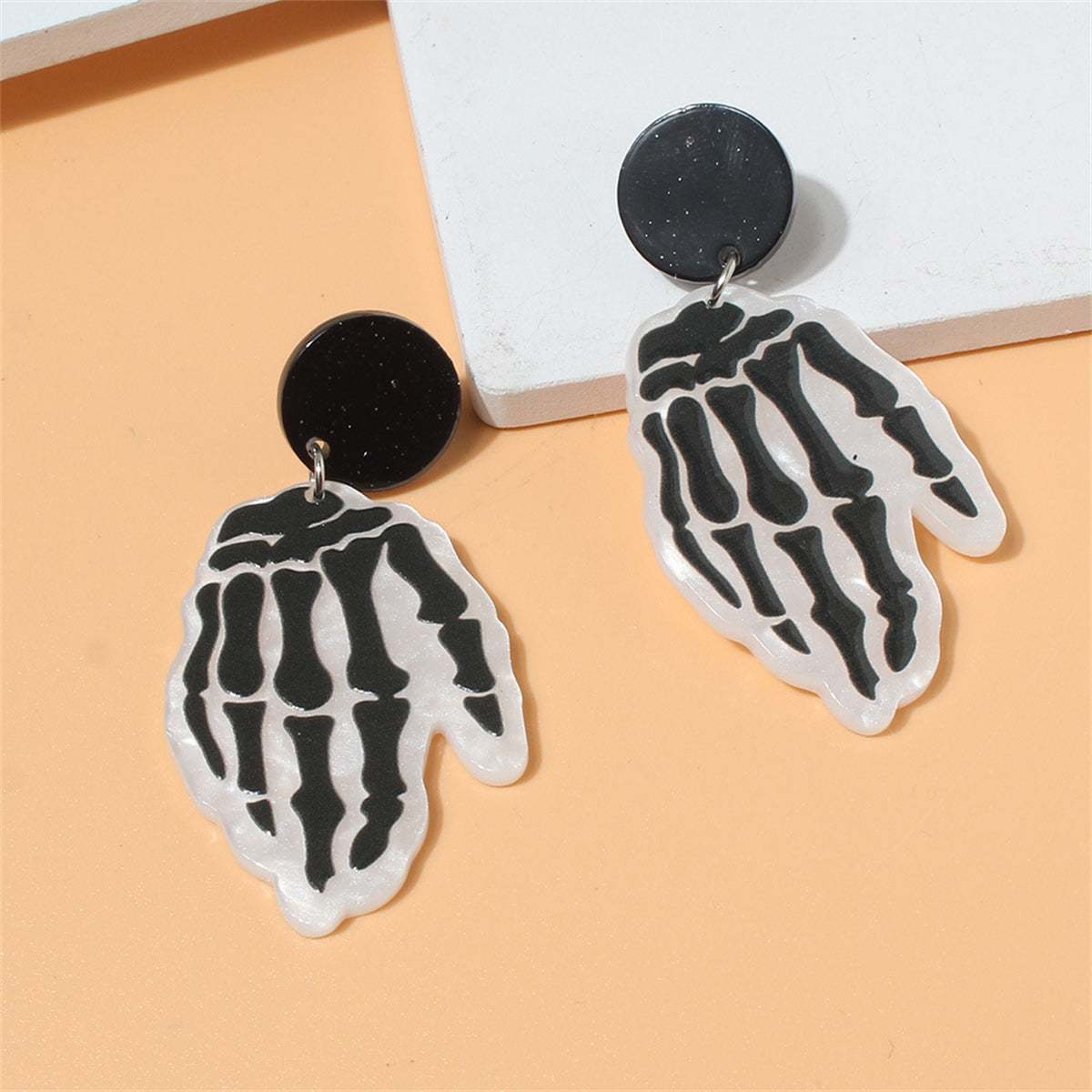 Black Acrylic & Silvertone Skeleton Hands Drop Earrings