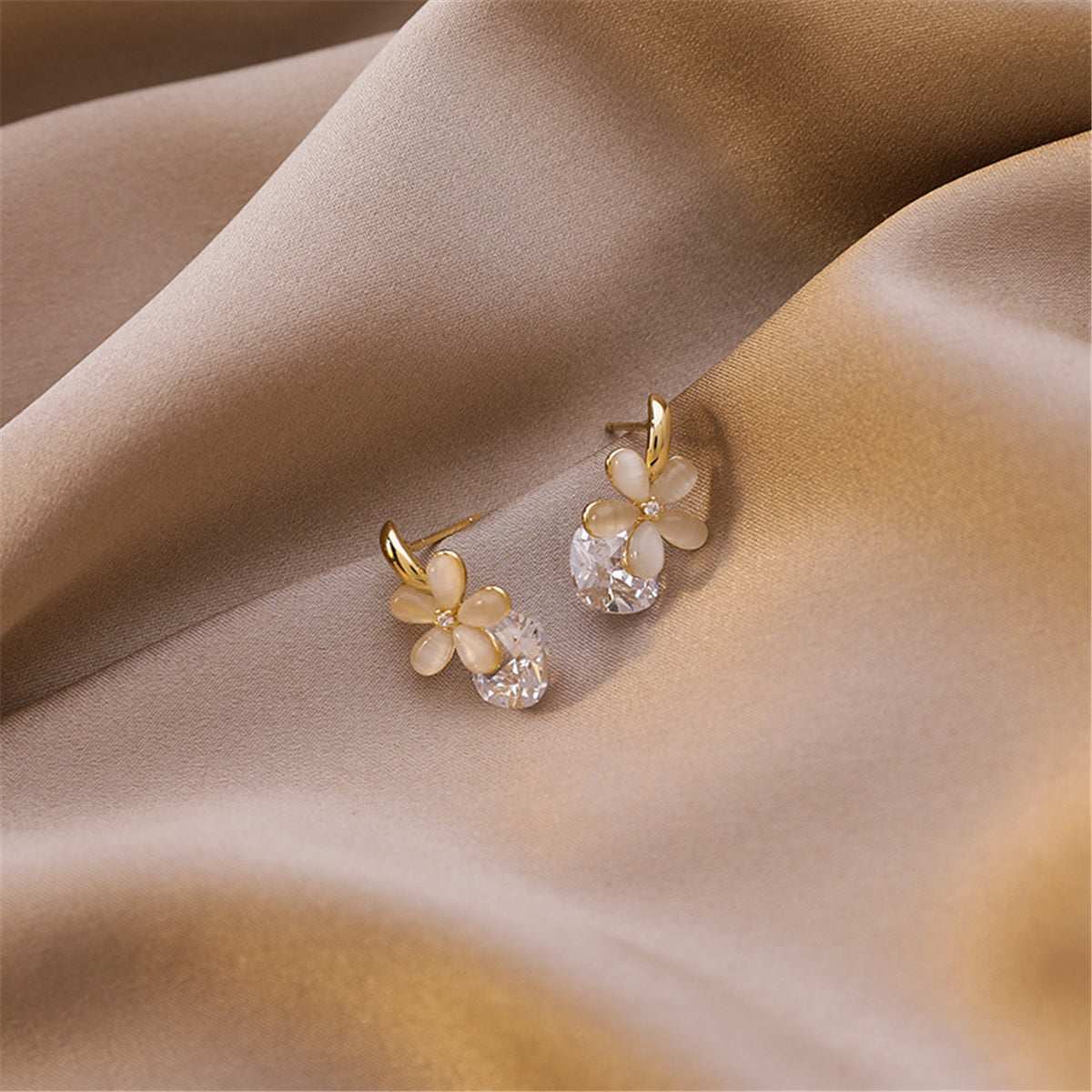 Cat's Eye & Goldtone Floral Huggie Earrings