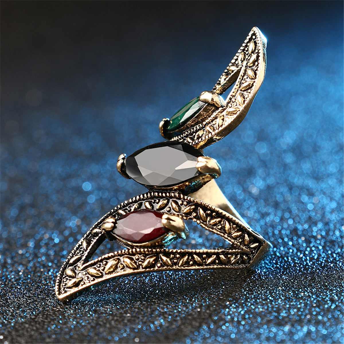 Black Crystal & Goldtone Pear-Cut Ring