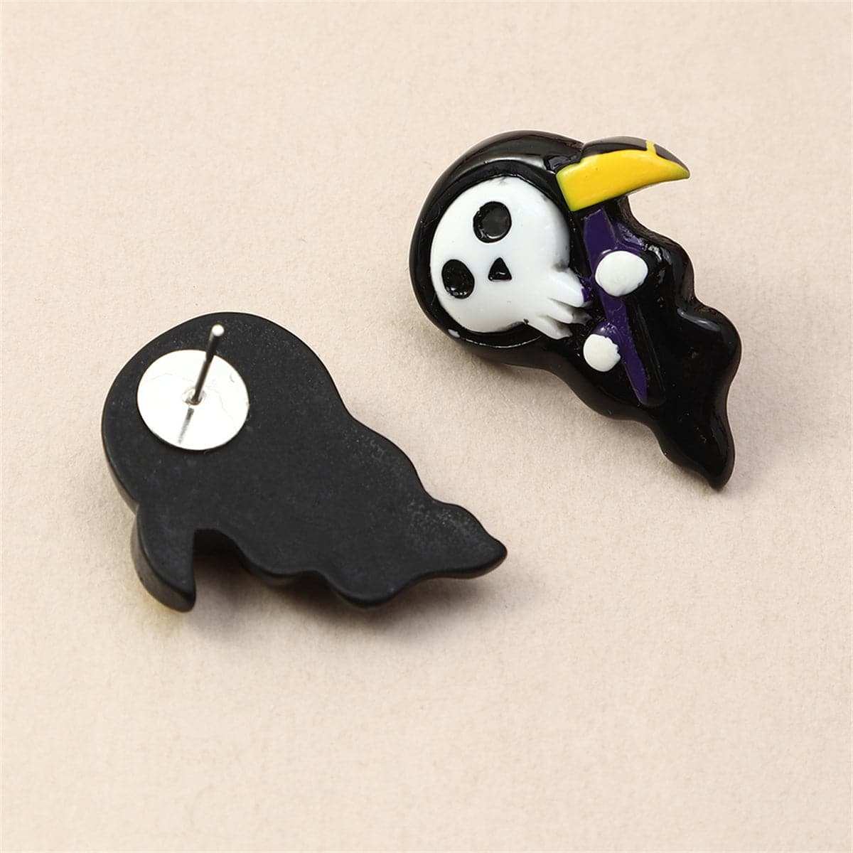 Black & Silvertone Death Stud Earrings