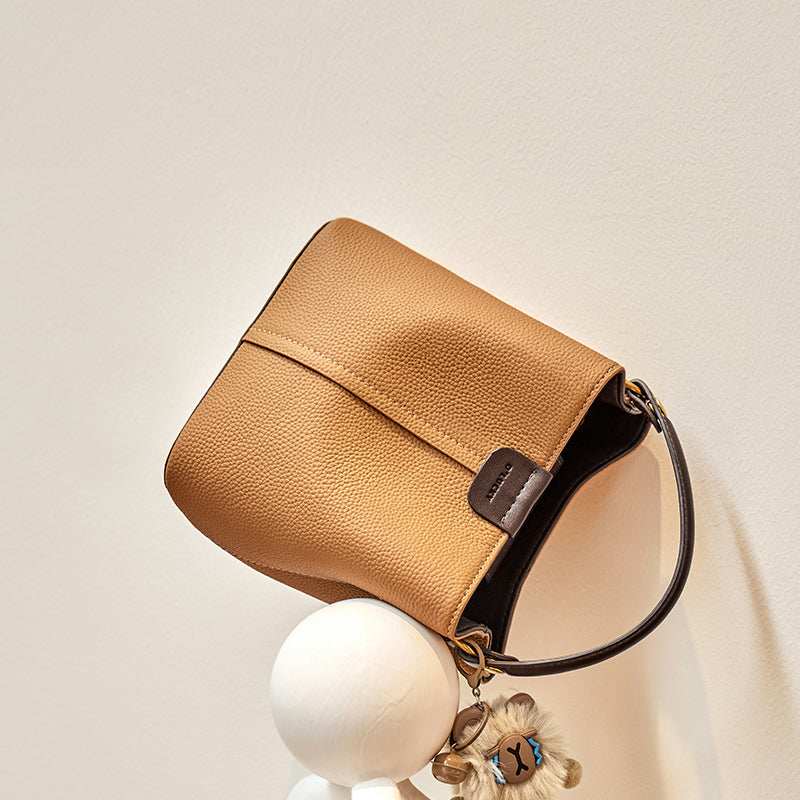 Colorblock Leather Bucket Shoulder Bag