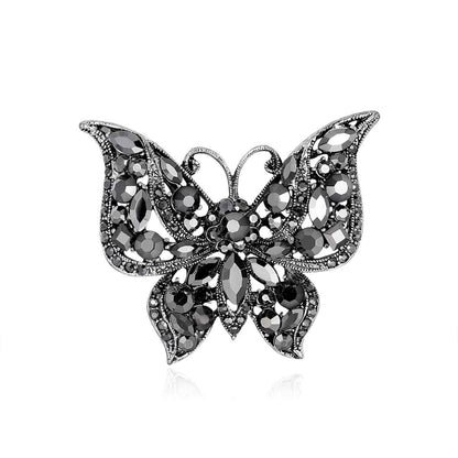 Black Crystal & Cubic Zirconia Silvertone Butterfly Brooch