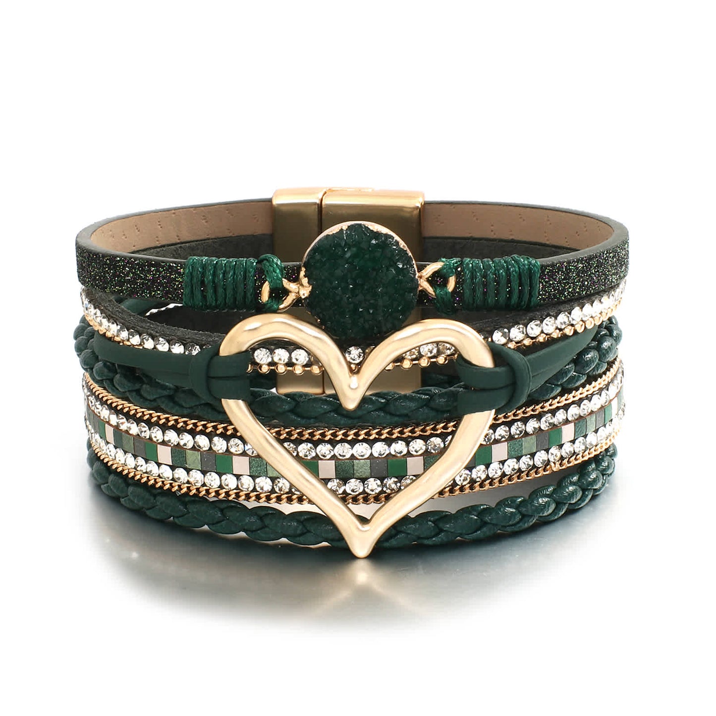 Emerald Faux Leather Heart Multi-strand Bracelet