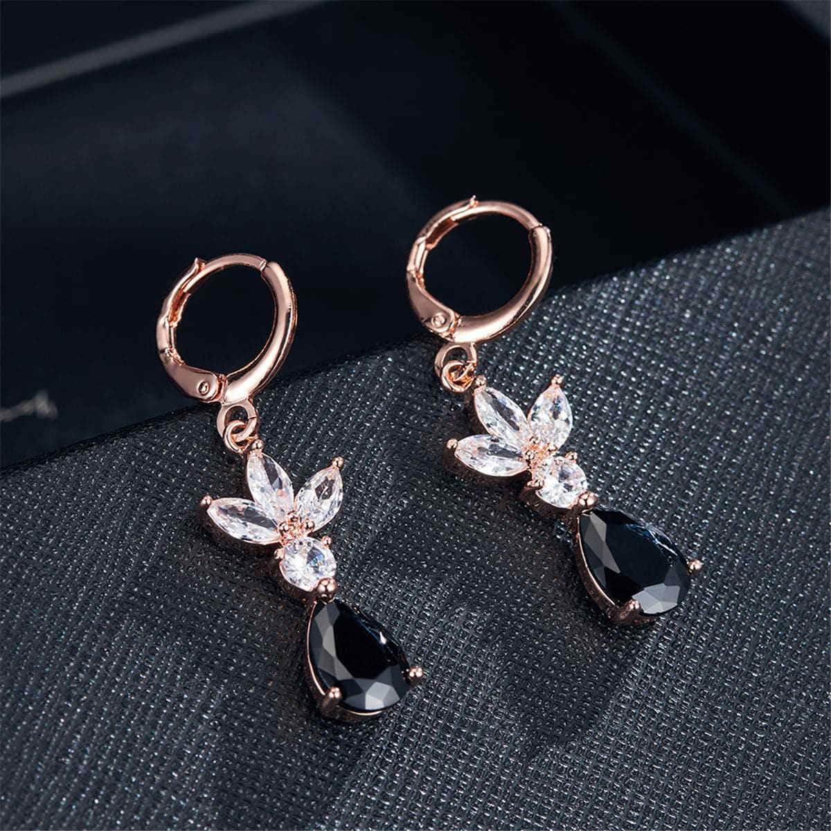 Black Crystal & Rose Goldtone Flower Teardrop Earrings