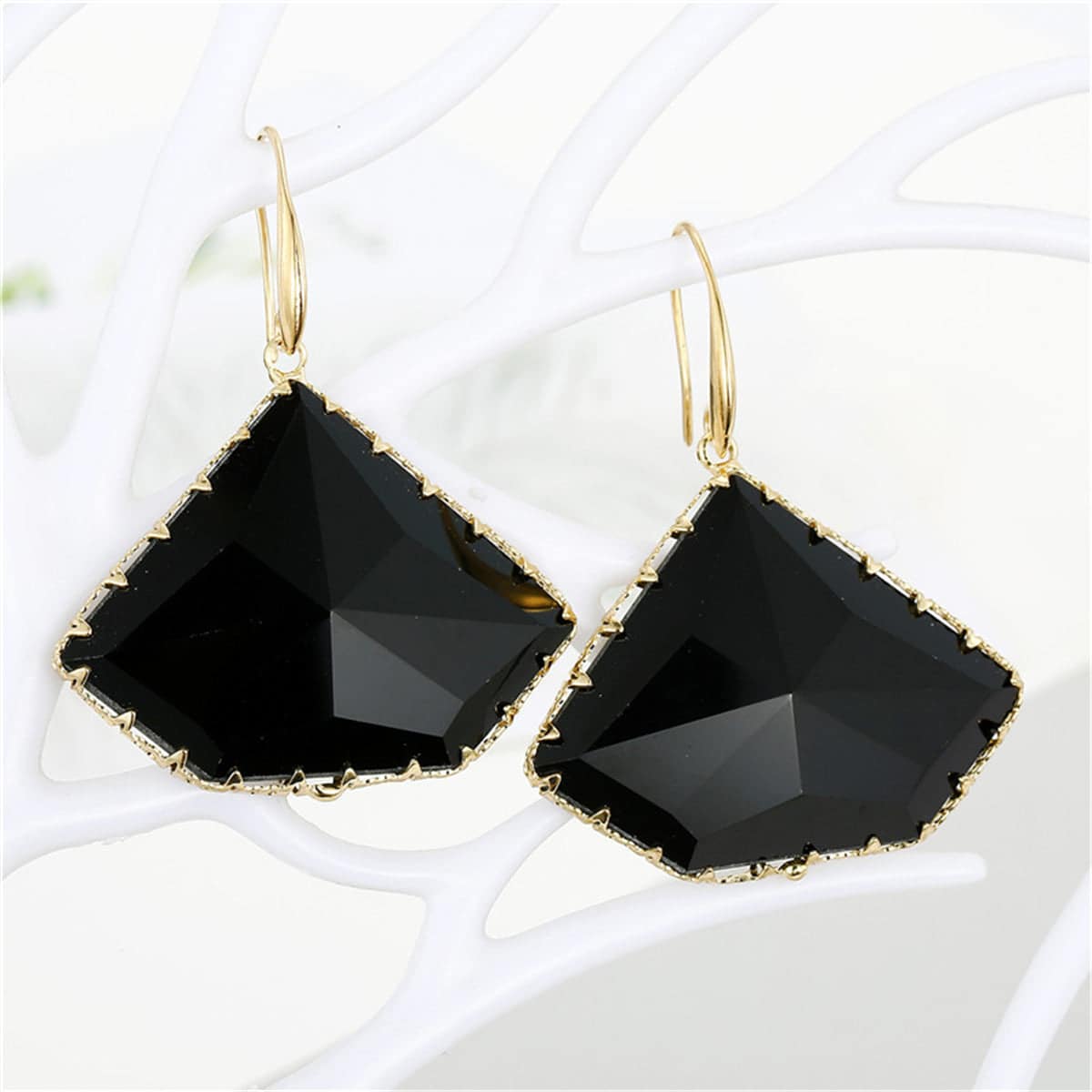 Black Crystal & Goldtone Triangle Drop Earrings
