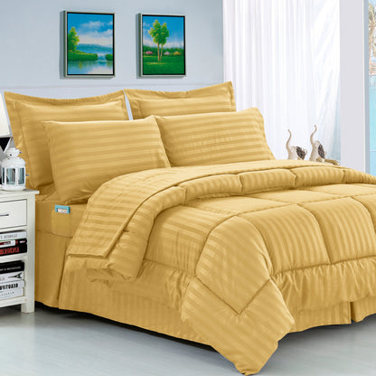 Elegant Comfort 8-Piece Dobby Stripe Comforter Set - Includes 4-Piece Sheet Set with Double Sided Storage Pockets