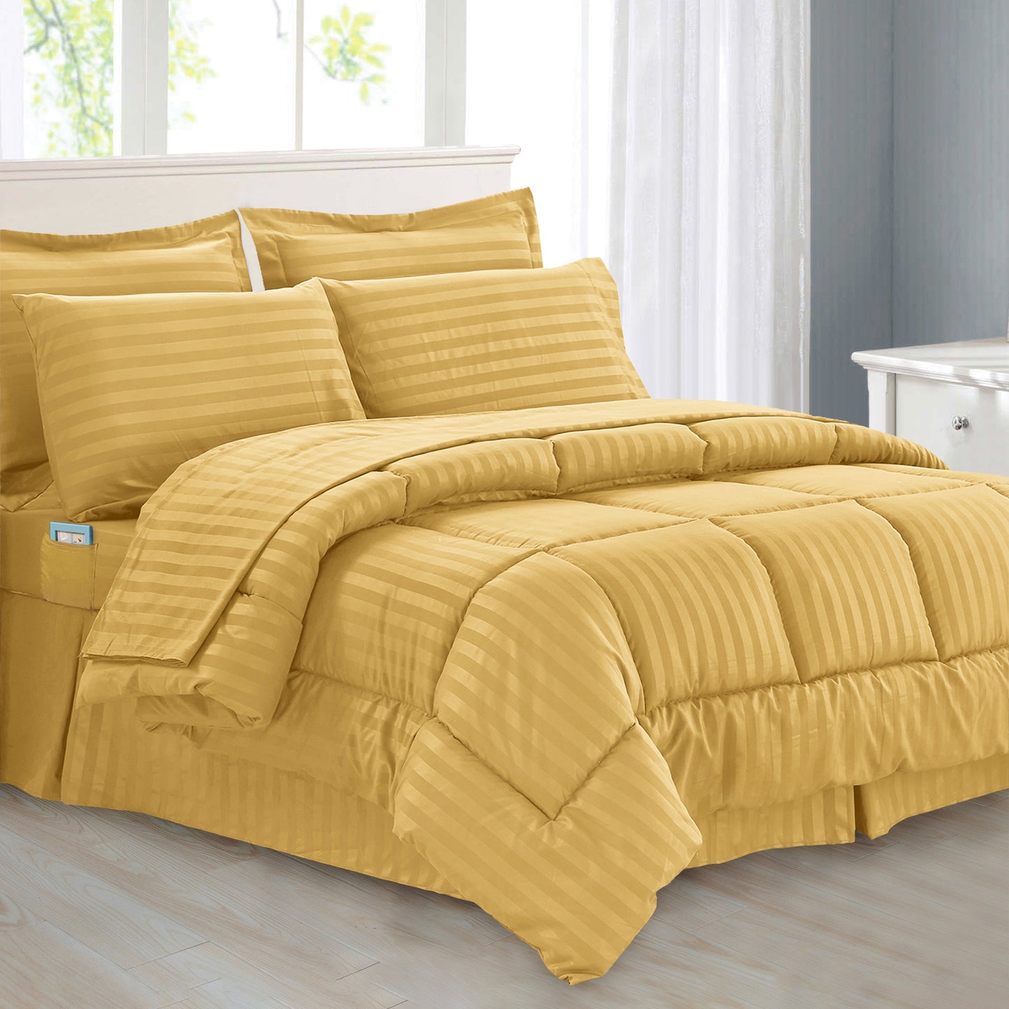Elegant Comfort 8-Piece Dobby Stripe Comforter Set - Includes 4-Piece Sheet Set with Double Sided Storage Pockets
