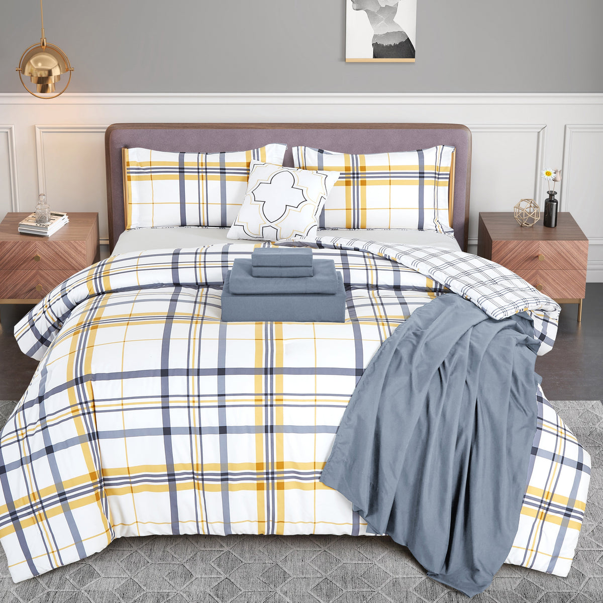 Elegant Comfort 8-Piece Lodge Plaid and Patch Reversible Comforter Set - Includes 4-Piece Sheet Set with Double Sided Storage Pockets