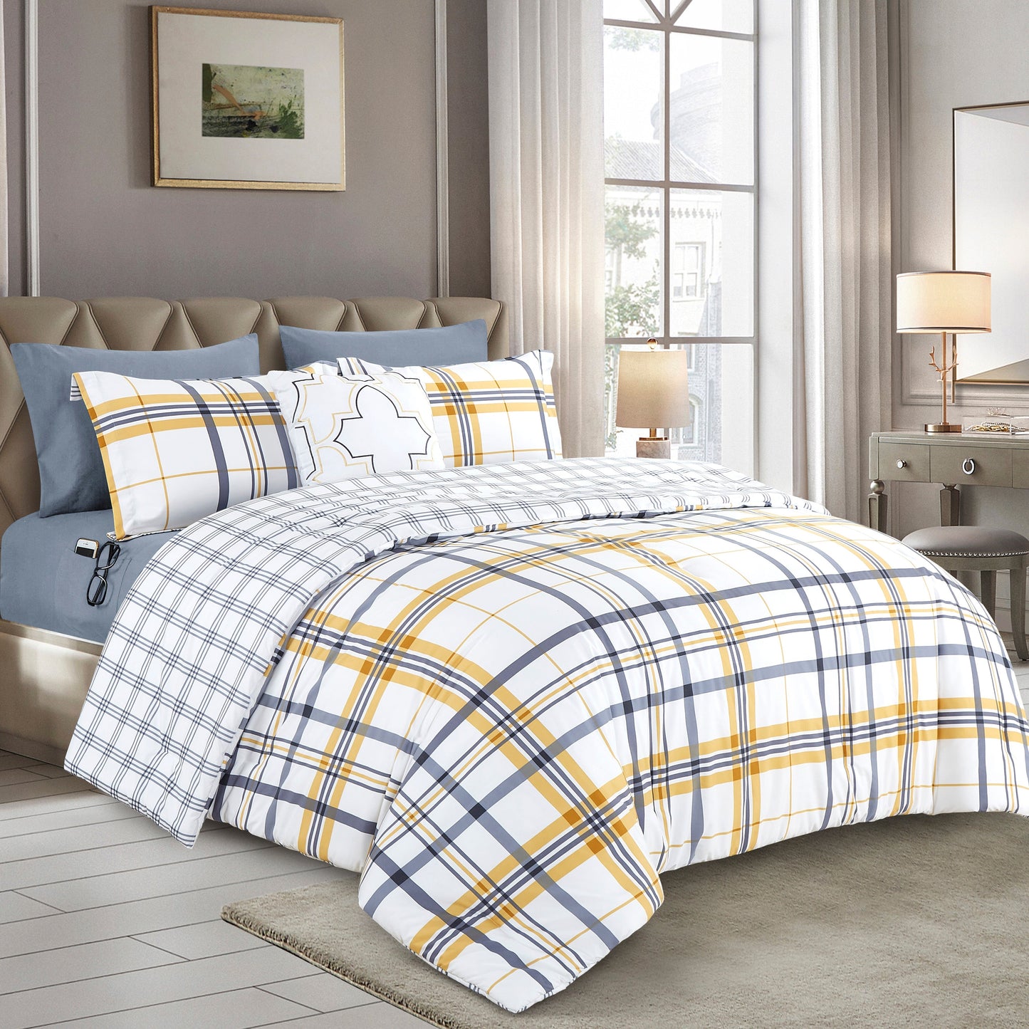Elegant Comfort 8-Piece Lodge Plaid and Patch Reversible Comforter Set - Includes 4-Piece Sheet Set with Double Sided Storage Pockets
