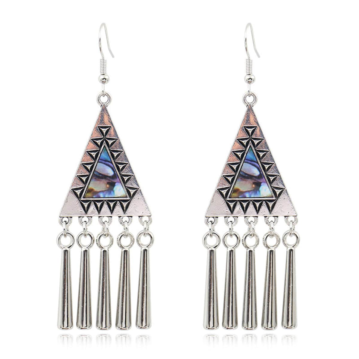 Abalone Shell & Silvertone Triangle Tassel Drop Earrings