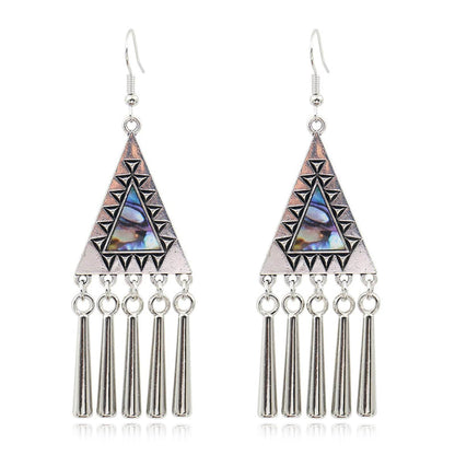 Abalone Shell & Silvertone Triangle Tassel Drop Earrings