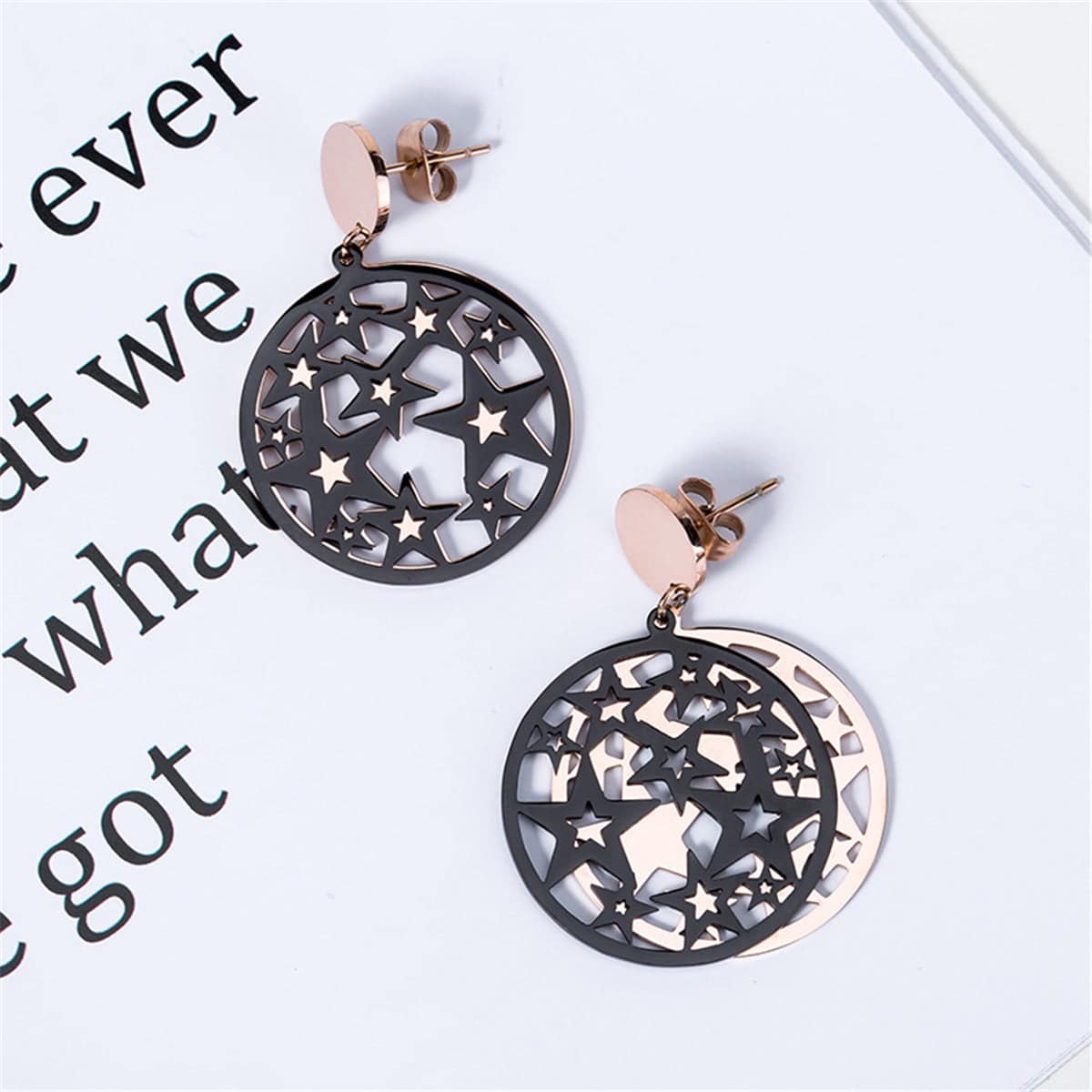 Black & Rose Goldtone Star Circle Drop Earring