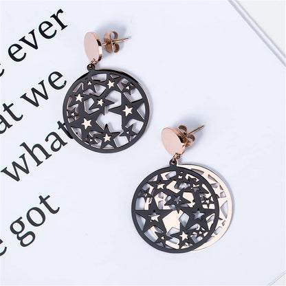 Black & Rose Goldtone Star Circle Drop Earring