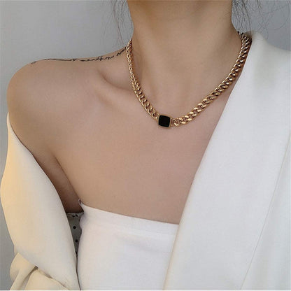 Black Enamel & Goldtone Square Pendant Necklace
