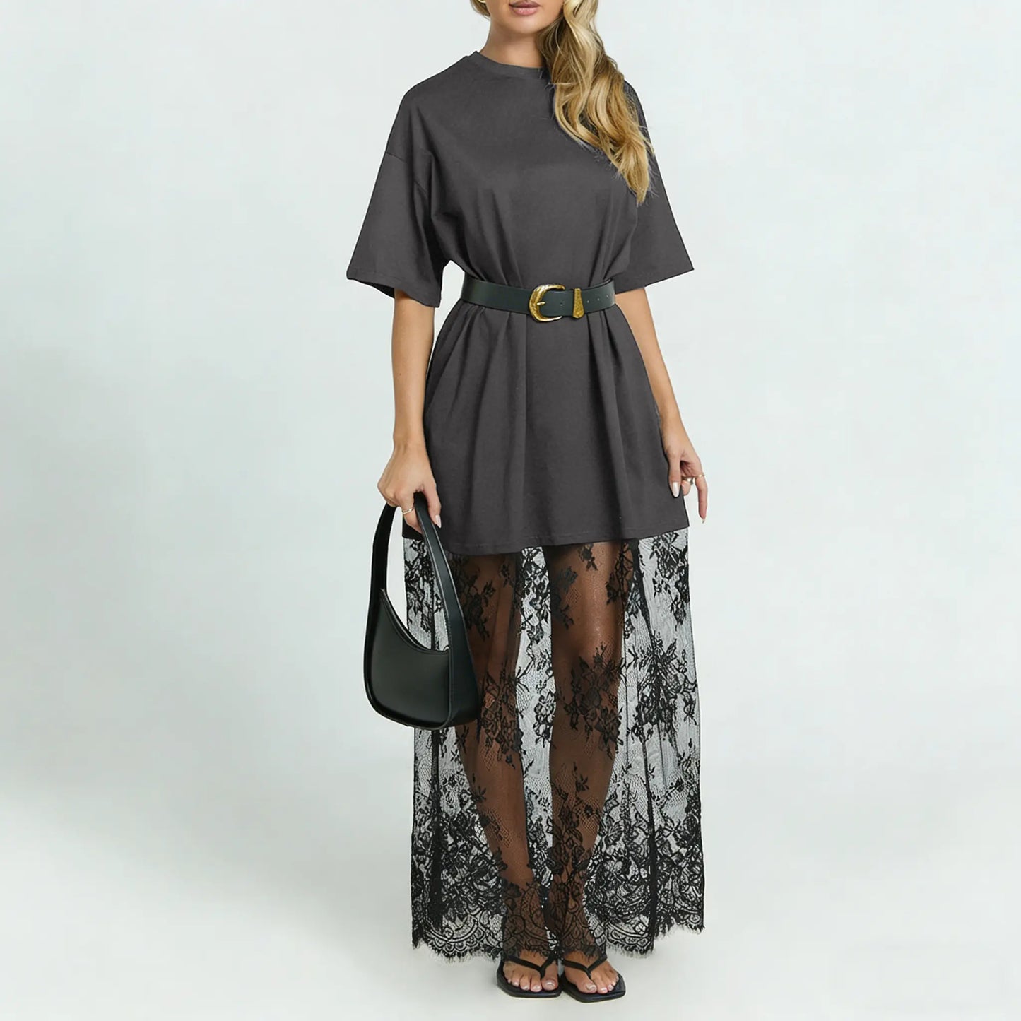 Women's Oversized T-Shirt Maxi Dress with Sheer Lace Hem Drop