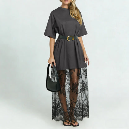 Women's Oversized T-Shirt Maxi Dress with Sheer Lace Hem Drop