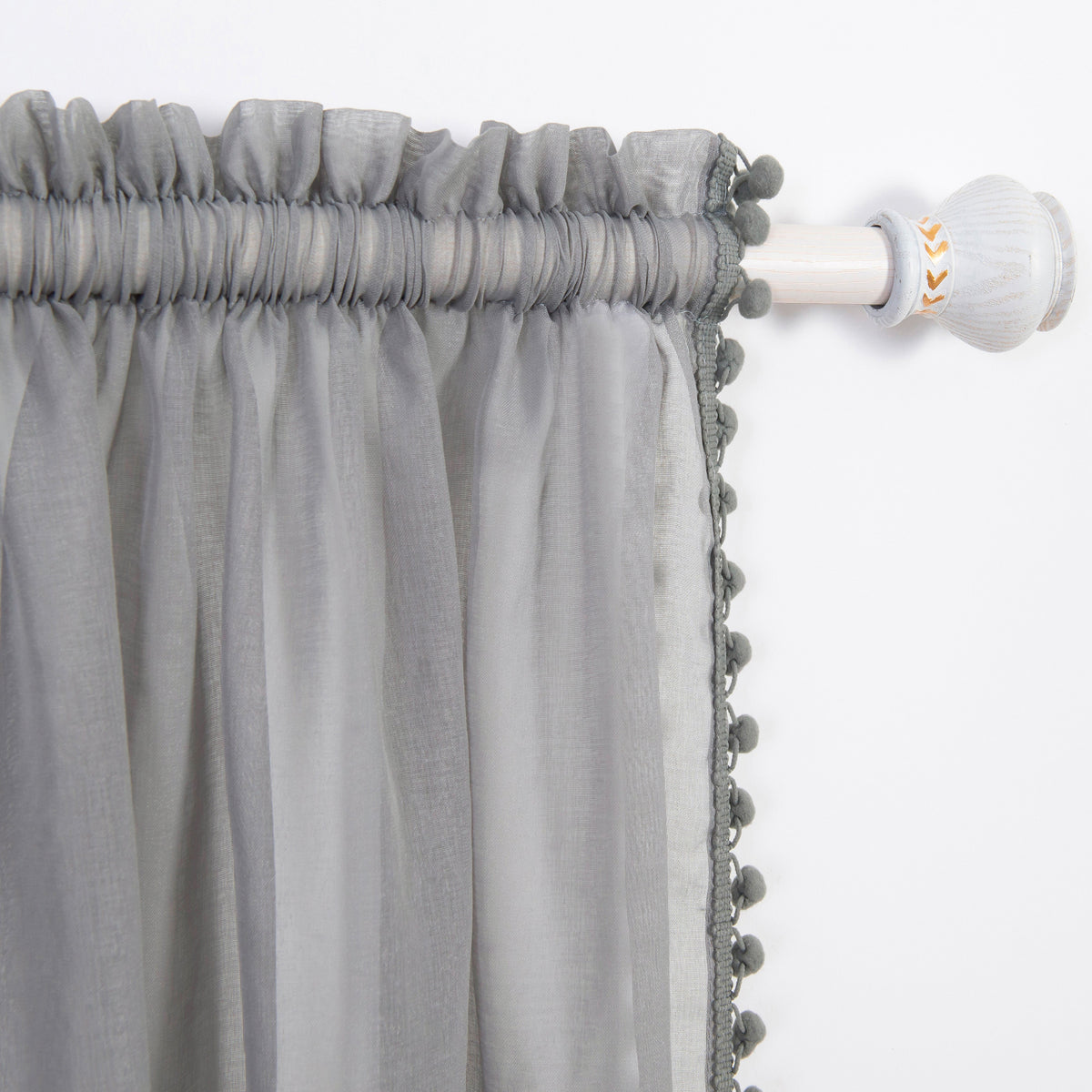 Elegant Comfort Set of 2 Pom Pom Tasseled Sheer Curtain - Rod Pocket