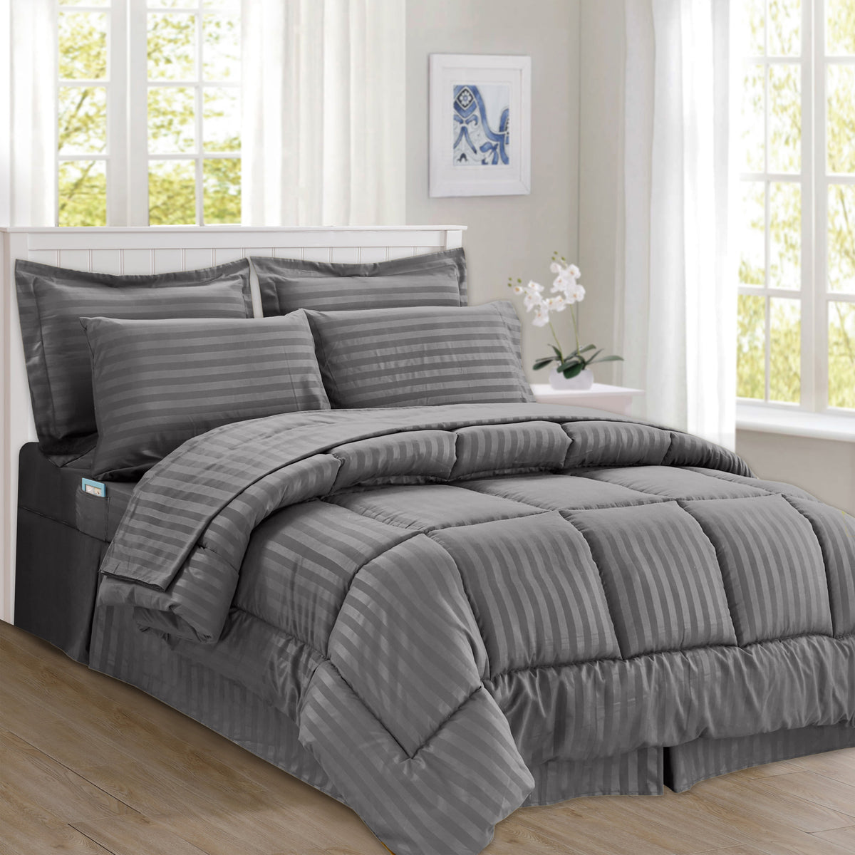 Elegant Comfort 8-Piece Dobby Stripe Comforter Set - Includes 4-Piece Sheet Set with Double Sided Storage Pockets