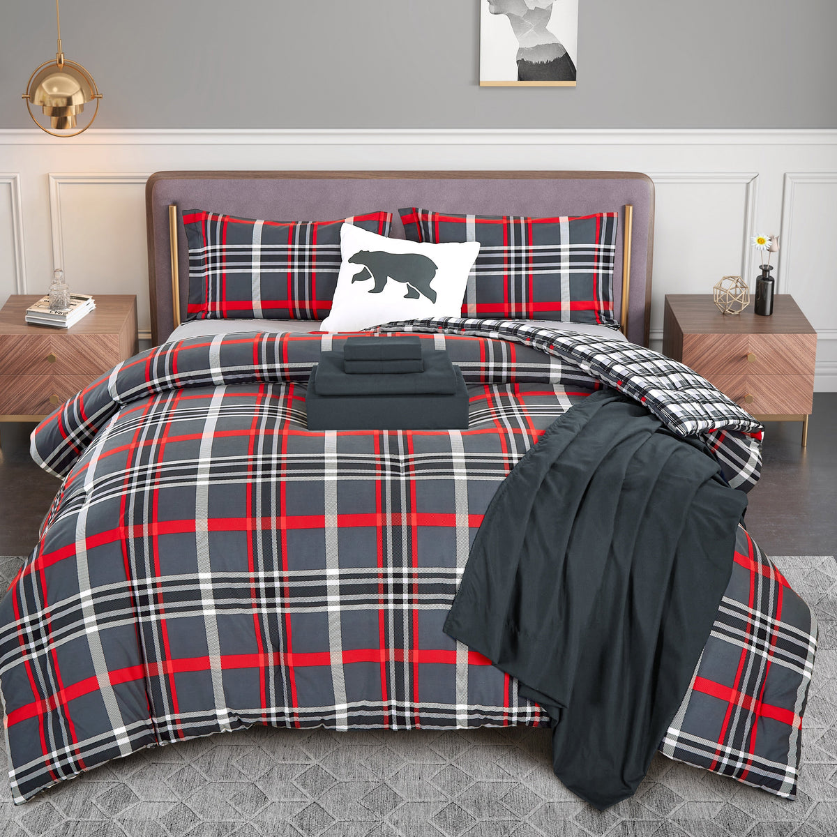 Elegant Comfort 8-Piece Lodge Plaid and Patch Reversible Comforter Set - Includes 4-Piece Sheet Set with Double Sided Storage Pockets