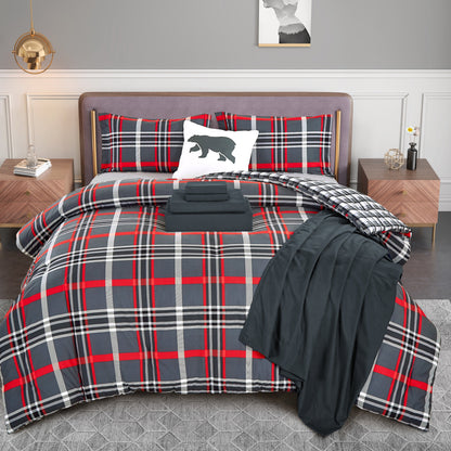 Elegant Comfort 8-Piece Lodge Plaid and Patch Reversible Comforter Set - Includes 4-Piece Sheet Set with Double Sided Storage Pockets