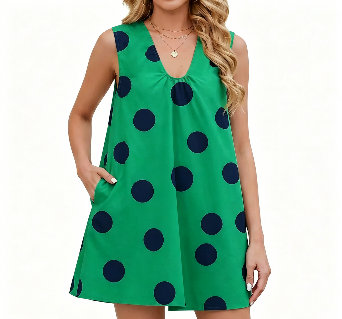 Sleeveless Polka Dot V Neck Shift Mini Dress