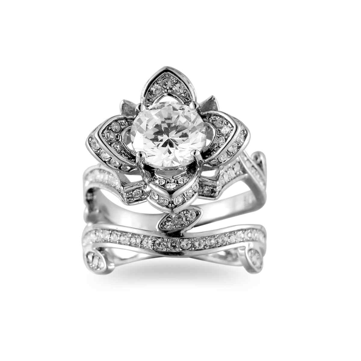 Crystal & Cubic Zirconia Silvertone Flower Ring Set
