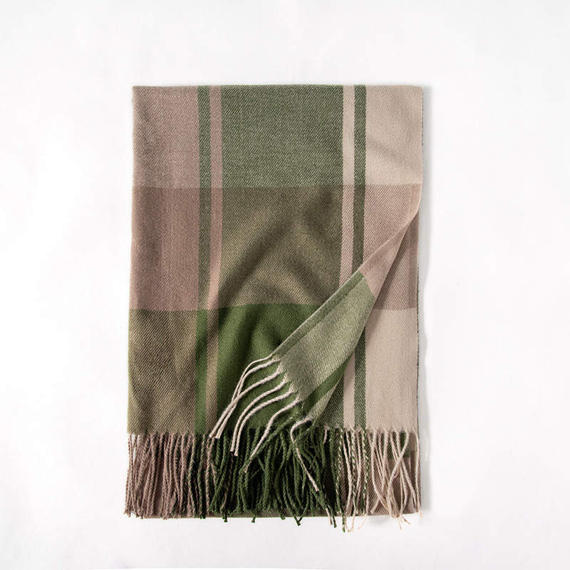Cozy Plaid Fringe Trimmed Scarf in Olive Green