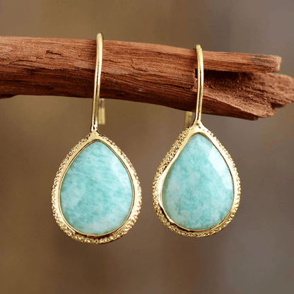 Amazonite Gemstone Teardrop Drop Earrings in Goldtone