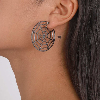 Black Cobweb & Spider Asymmetrical Huggie Earring