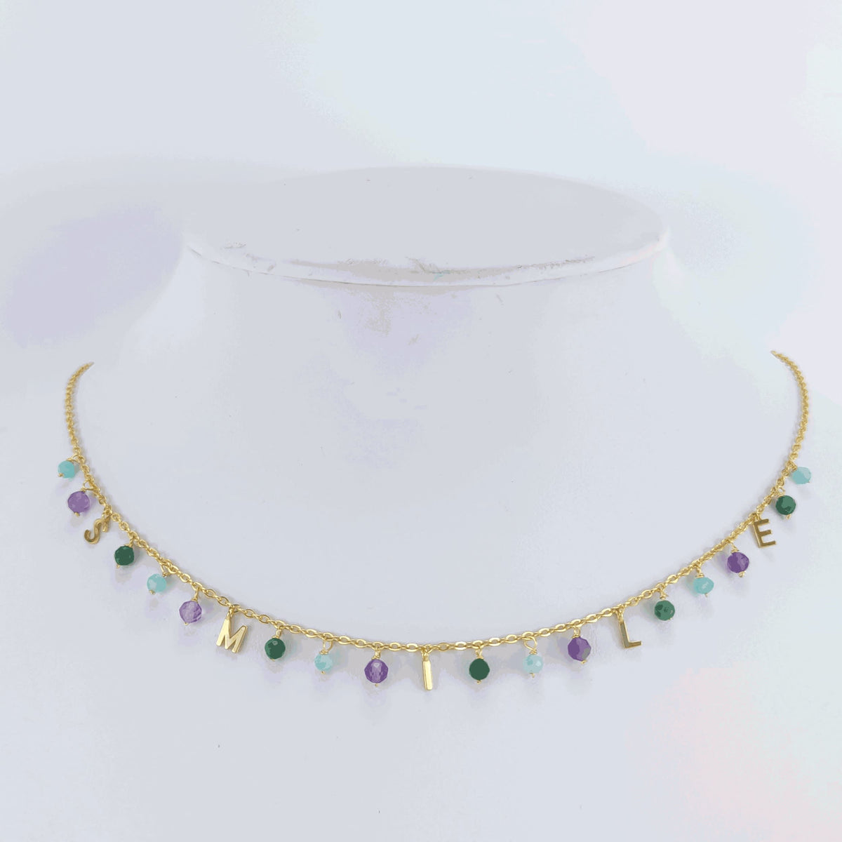 Gold Over Sterling Silver Natural Amazonite, Jade and Amethyst Smile Necklace with 18"