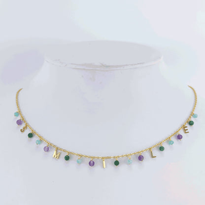 Gold Over Sterling Silver Natural Amazonite, Jade and Amethyst Smile Necklace with 18"