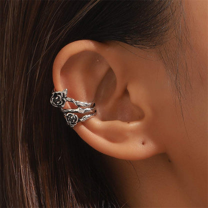 Black & Silvertone Rose Layered Ear Cuff